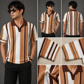 Collage of a man wearing a brown and white striped shirt with close-up details on a gray background.