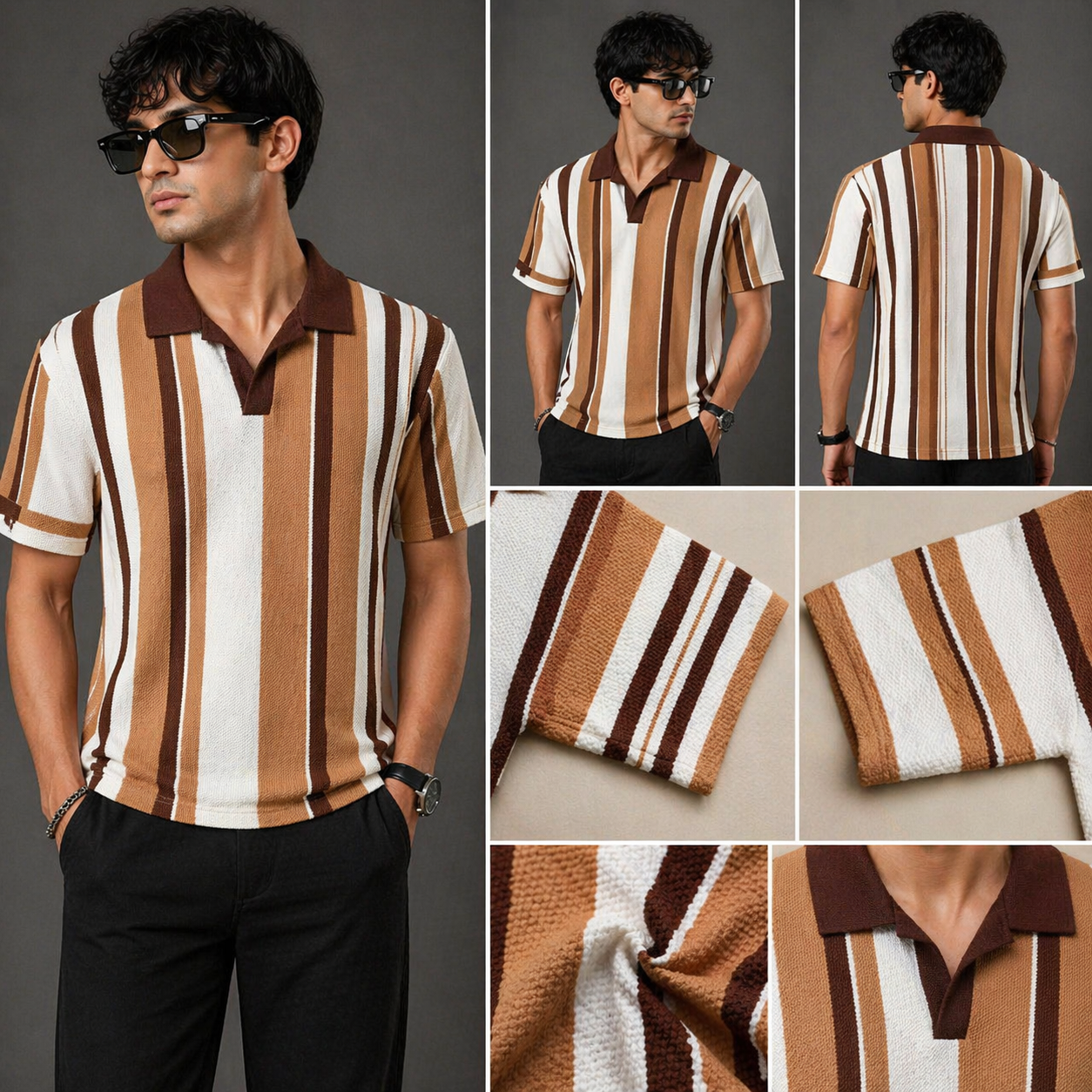 Collage of a man wearing a brown and white striped shirt with close-up details on a gray background.