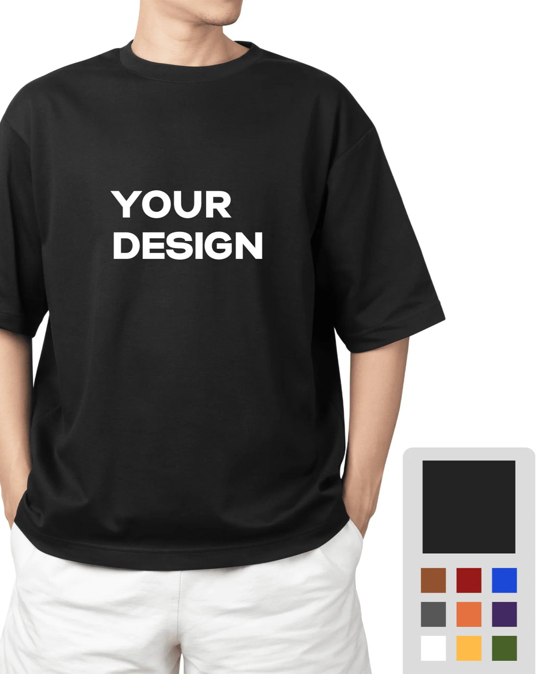 Black t-shirt with 'YOUR DESIGN' text on a white background