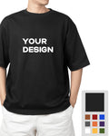 Black t-shirt with 'YOUR DESIGN' text on a white background