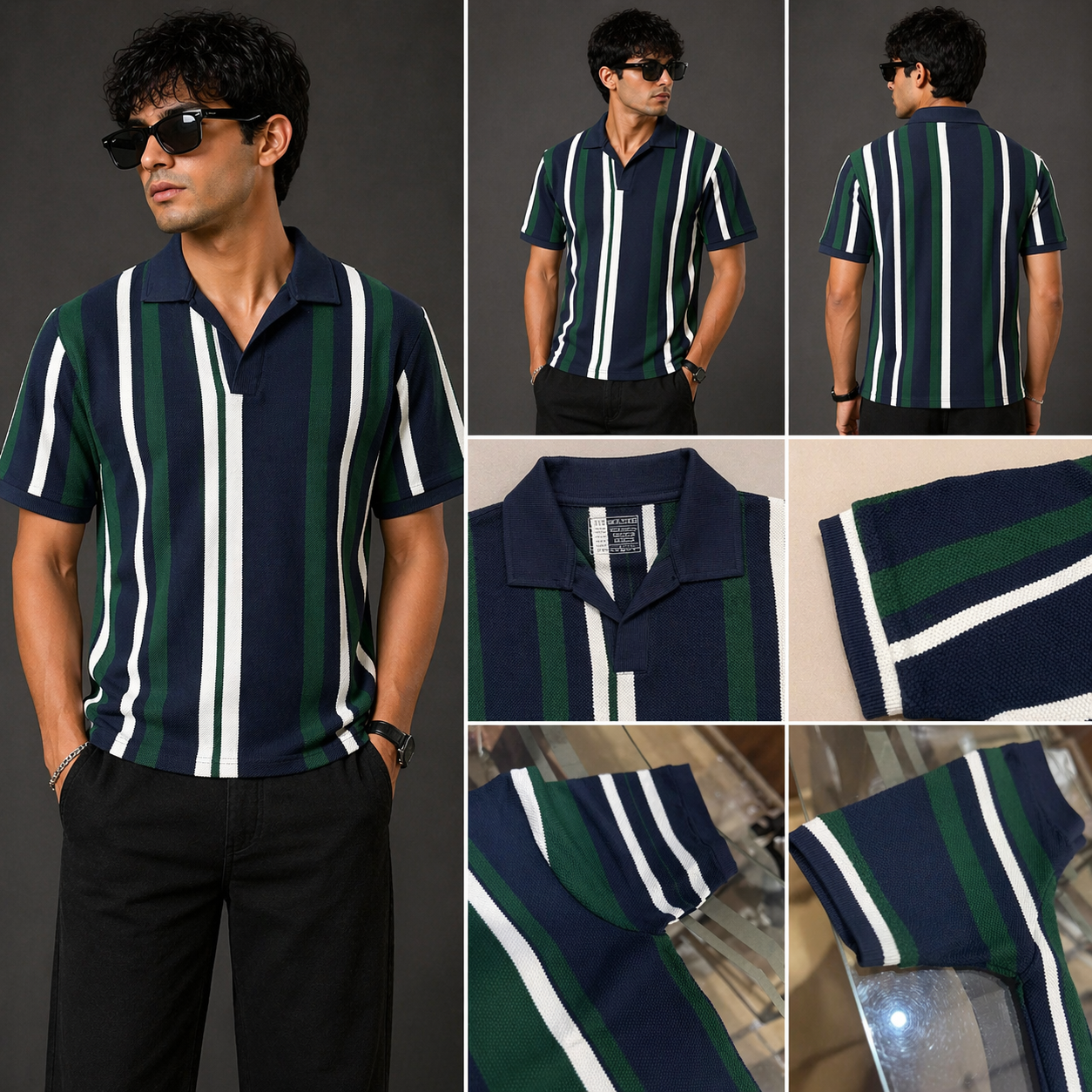 Collage of a man wearing a striped polo shirt with close-up details on a dark background
