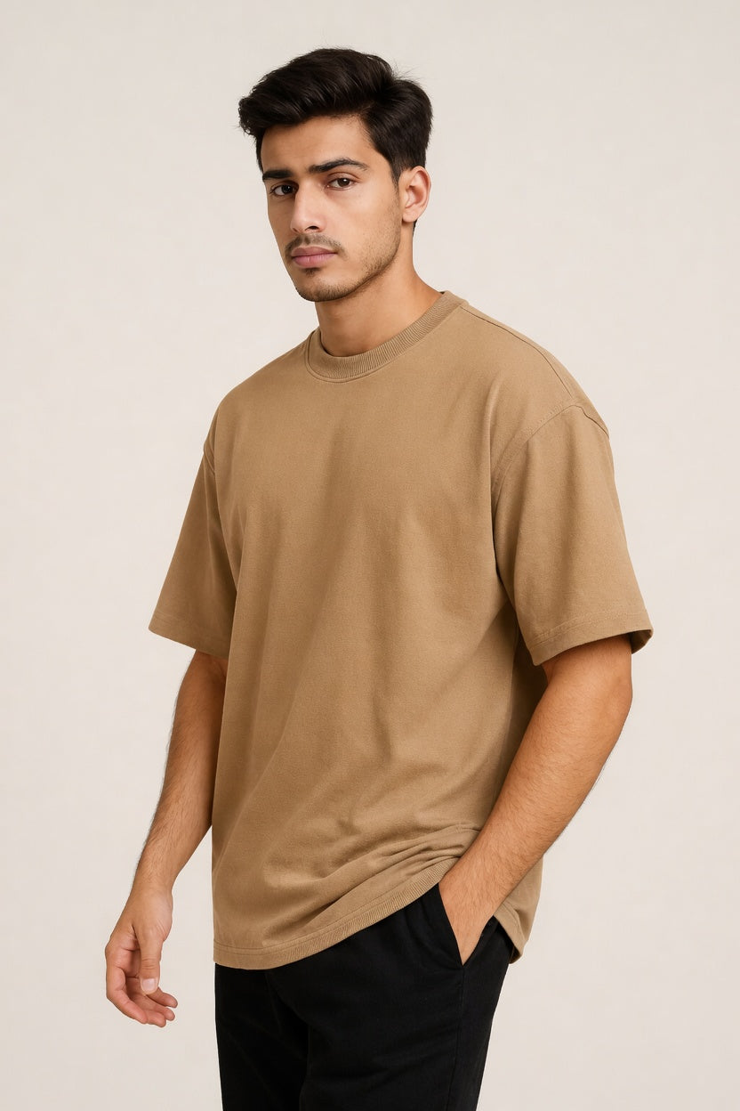 Camel Oversized Crew Neck Tee | Premium Cotton Unisex