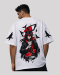 Person wearing a white t-shirt with a black and red graphic design on the back.