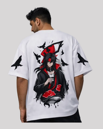 Person wearing a white t-shirt with a black and red graphic design on the back.