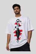 White t-shirt with black and red graphic design on a gray background