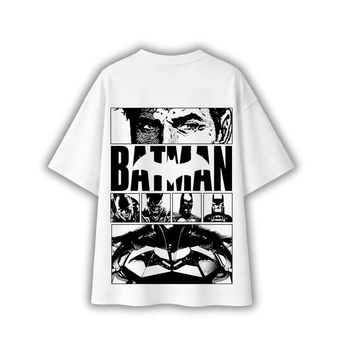 A white short-sleeve t-shirt with a large black and white comic book style Batman graphic on the front, displayed against a clean white background.