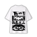 A white short-sleeve t-shirt with a large black and white comic book style Batman graphic on the front, displayed against a clean white background.
