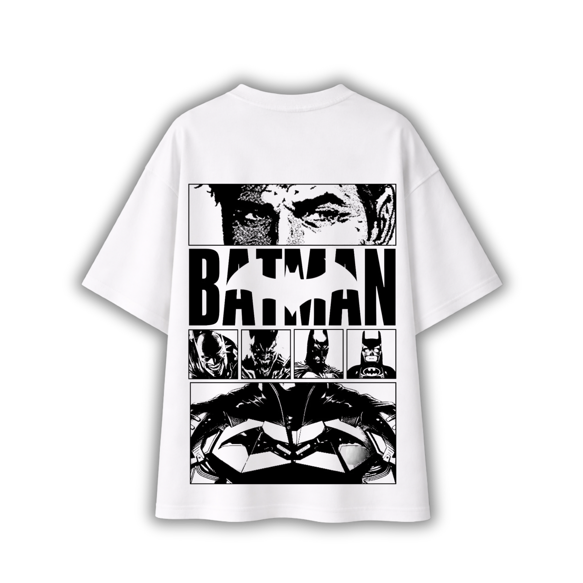 A white short-sleeve t-shirt with a large black and white comic book style Batman graphic on the front, displayed against a clean white background.