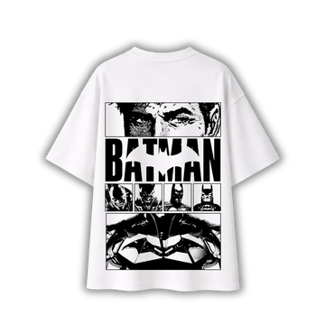 A white short-sleeve t-shirt with a large black and white comic book style Batman graphic on the front, displayed against a clean white background.