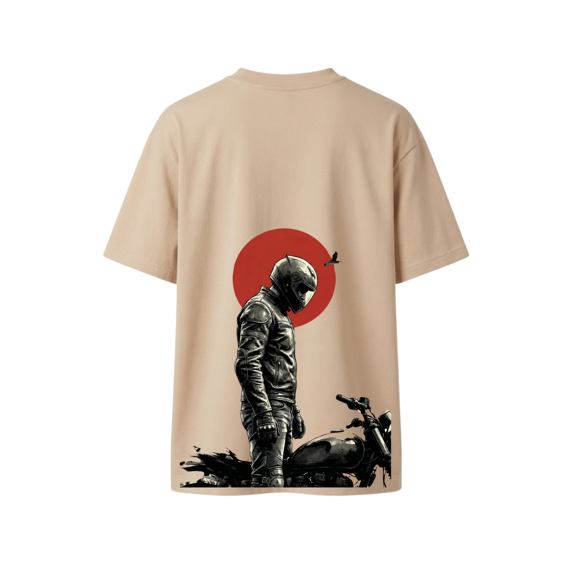 A beige short-sleeve t-shirt shown from the back, featuring a graphic print of a motorcycle rider in black and gray standing in front of a red circle.