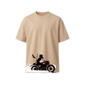 A beige short-sleeve crewneck t-shirt featuring a graphic print of a black motorcycle and rider silhouette on the lower front, displayed against a solid white background.
