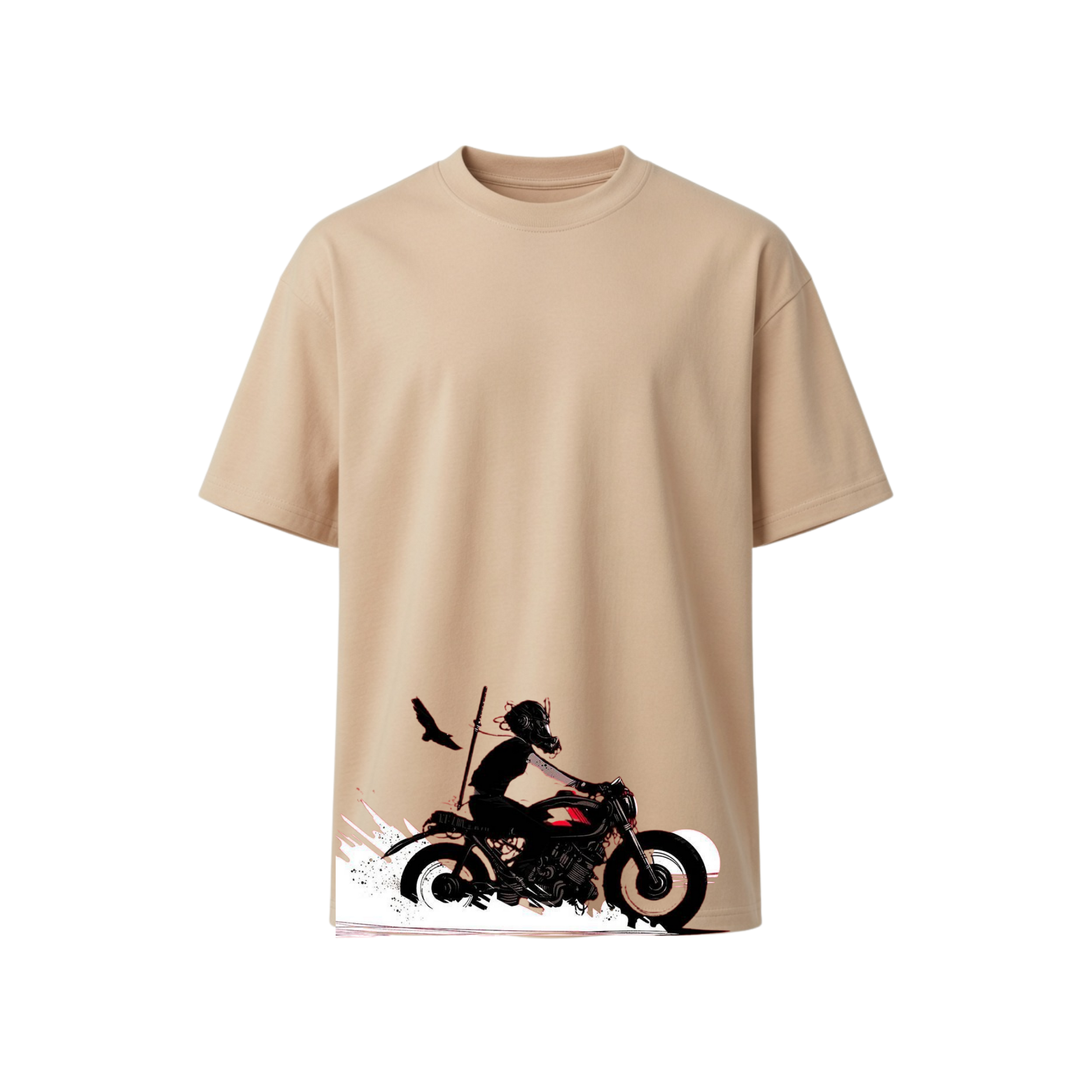 A beige short-sleeve crewneck t-shirt featuring a graphic print of a black motorcycle and rider silhouette on the lower front, displayed against a solid white background.