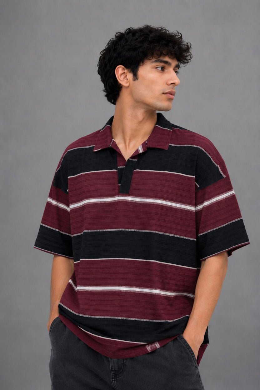 Block Stripe Oversized Polo Shirt | Relaxed Fit Open Collar - Vibe Z9