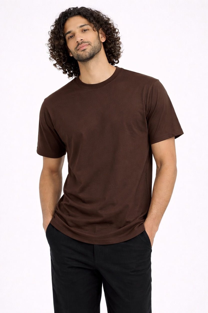 Dark Brown Crew Neck T-Shirt | Premium Cotton Casual Tee - Vibe Z9