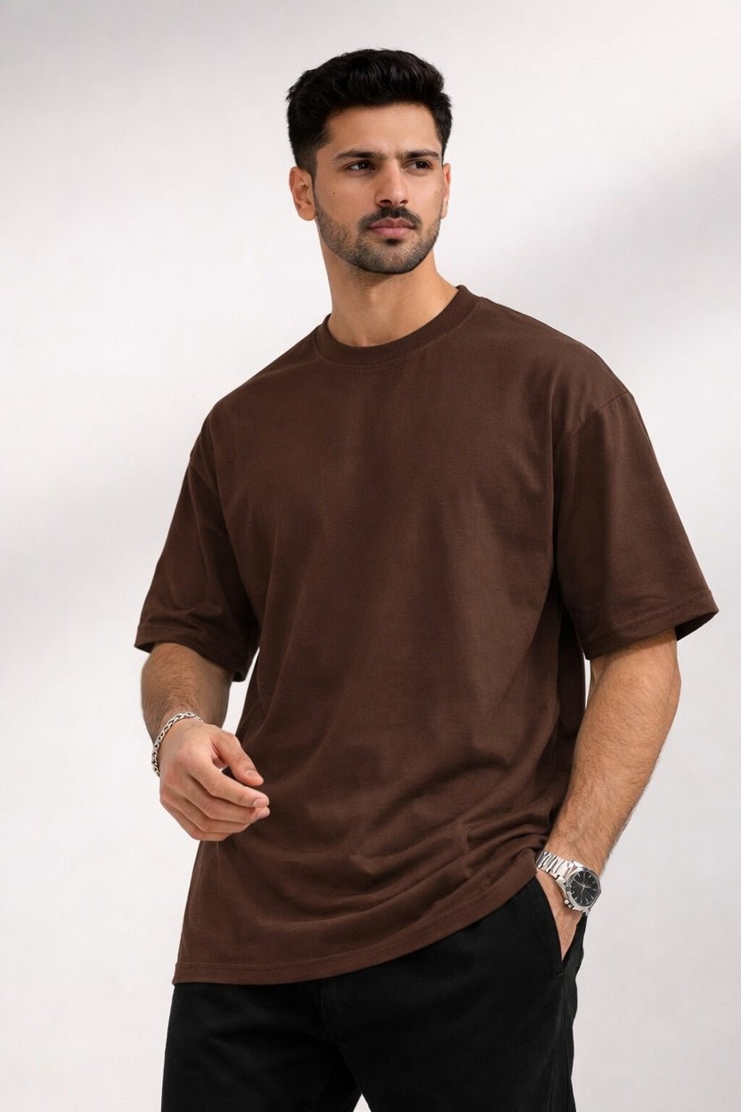 Dark Brown Oversized Crew Neck Tee | Premium Cotton Unisex - Vibe Z9