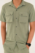 Double Pocket Short Sleeve Textured Shirt – Smart Casual Button-Down - Vibe Z9