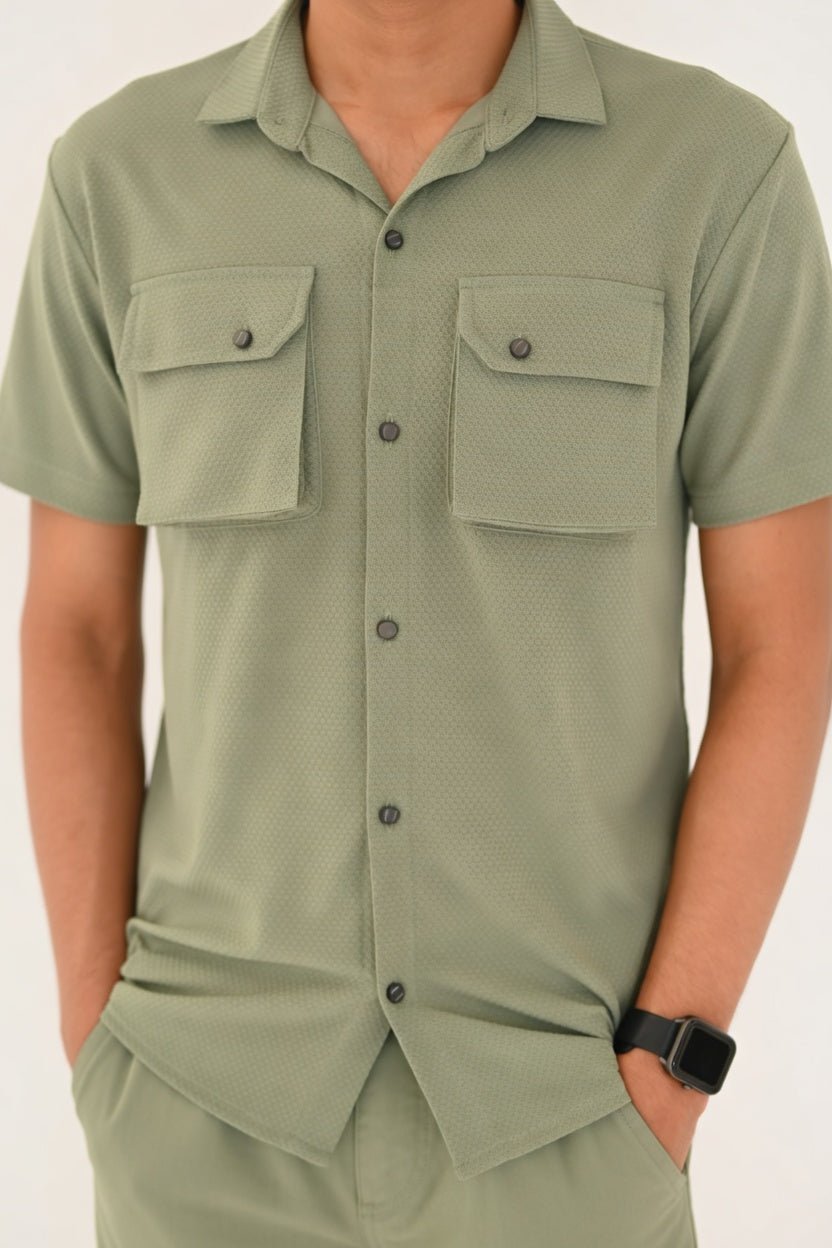 Double Pocket Short Sleeve Textured Shirt – Smart Casual Button-Down - Vibe Z9