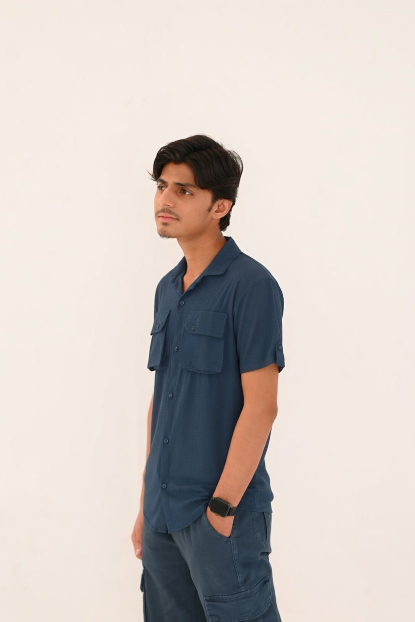 Double Pocket Short Sleeve Textured Shirt – Smart Casual Button-Down - Vibe Z9