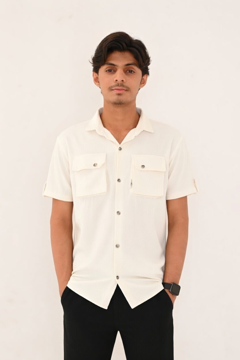 Double Pocket Short Sleeve Textured Shirt – Smart Casual Button-Down - Vibe Z9