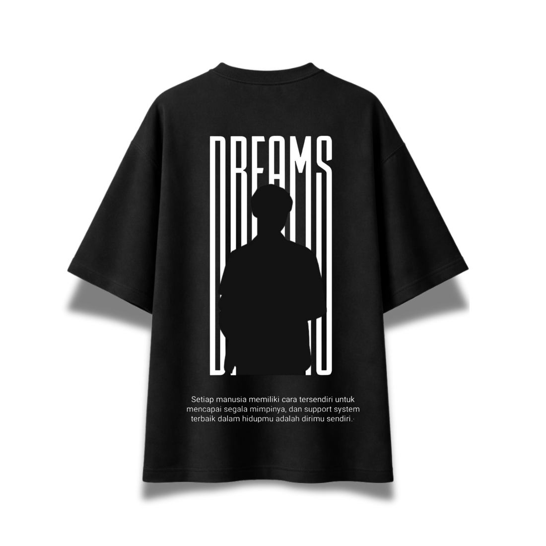 Dreams oversized black graphic T-shirt with motivational front print and oversized back artwork
