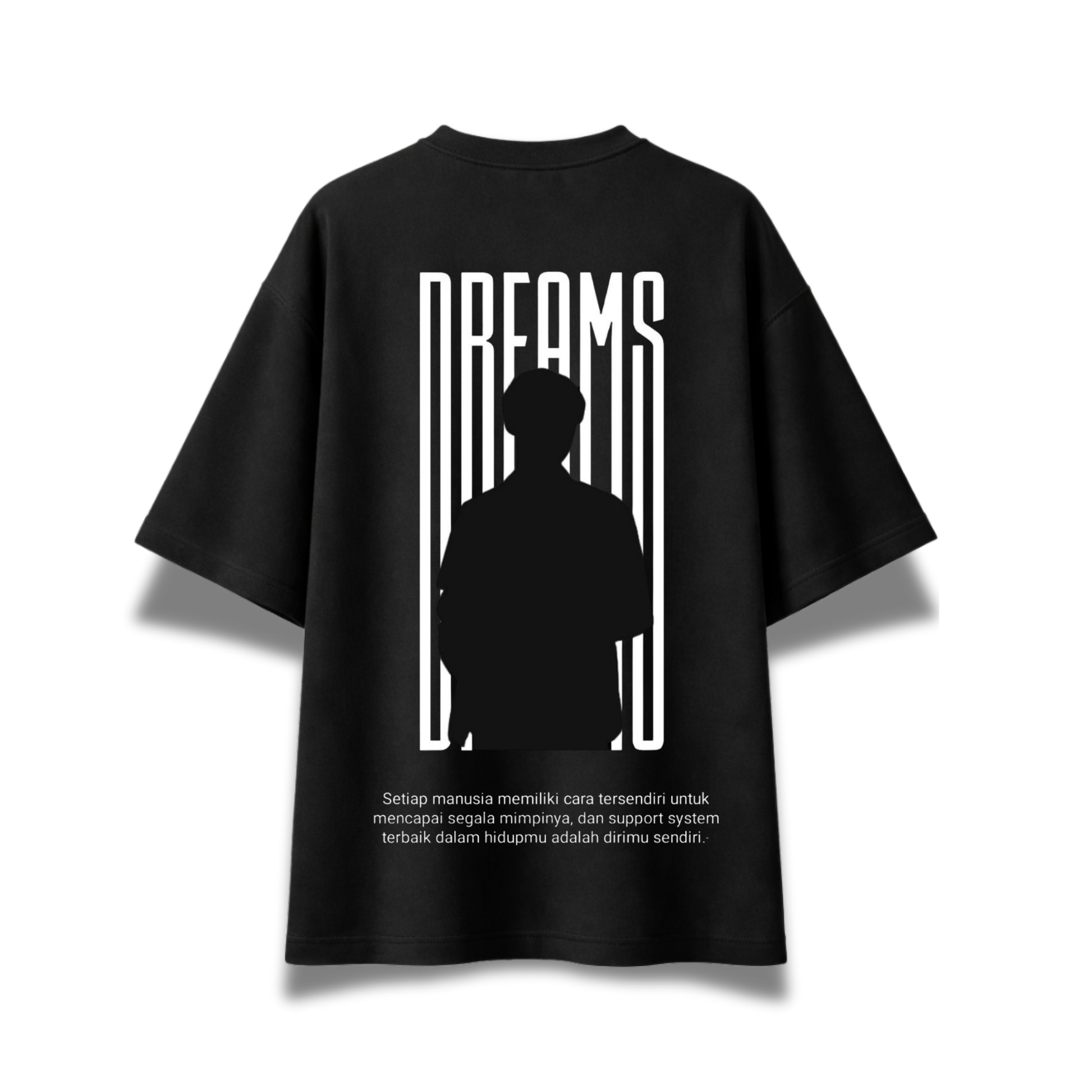 Dreams oversized black graphic T-shirt with motivational front print and oversized back artwork