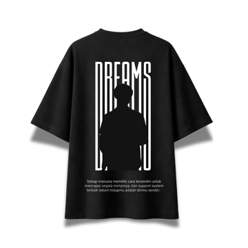 Dreams oversized black graphic T-shirt with motivational front print and oversized back artwork