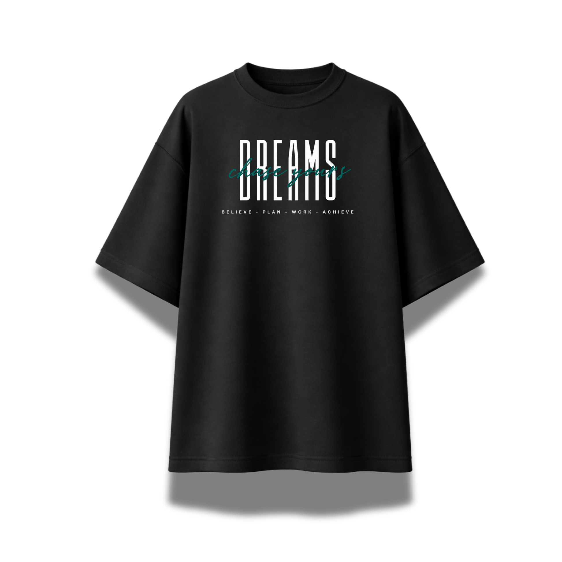Dreams oversized black graphic T-shirt with motivational front print and oversized back artwork