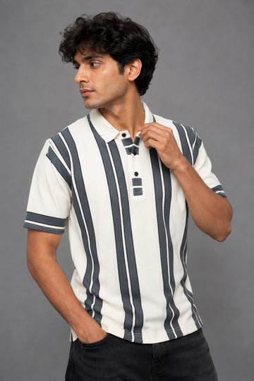 Vertical Stripe Knit Polo | Regular Fit Button Placket