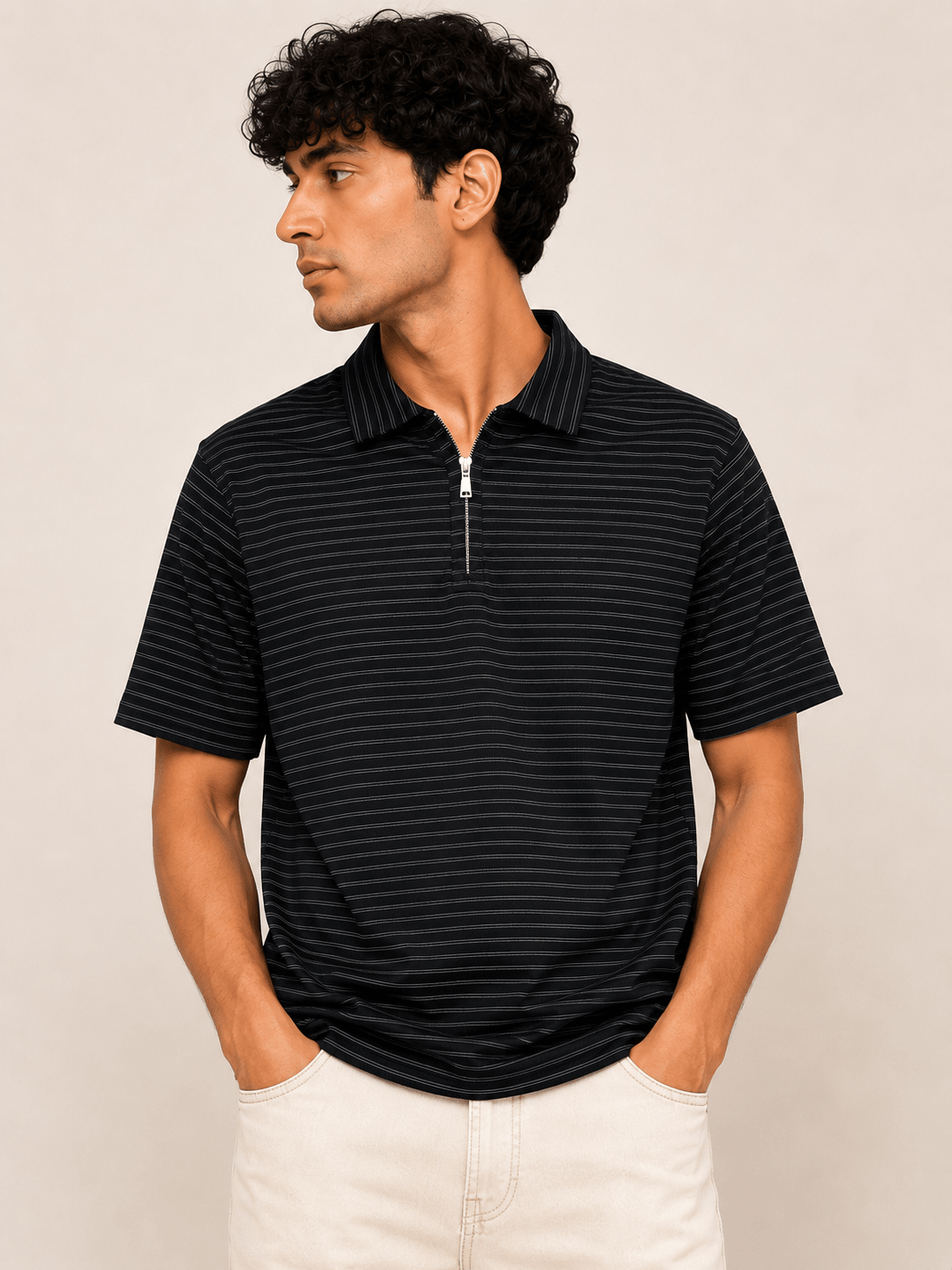 Half Zipper Striped Polo | Regular Fit Men's Polo - Vibe Z9