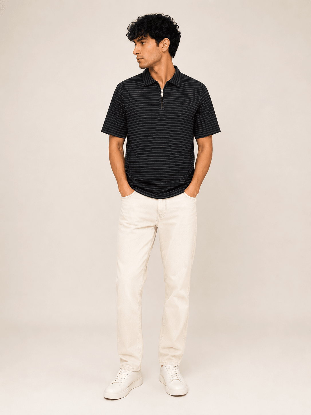 Half Zipper Striped Polo | Regular Fit Men's Polo - Vibe Z9