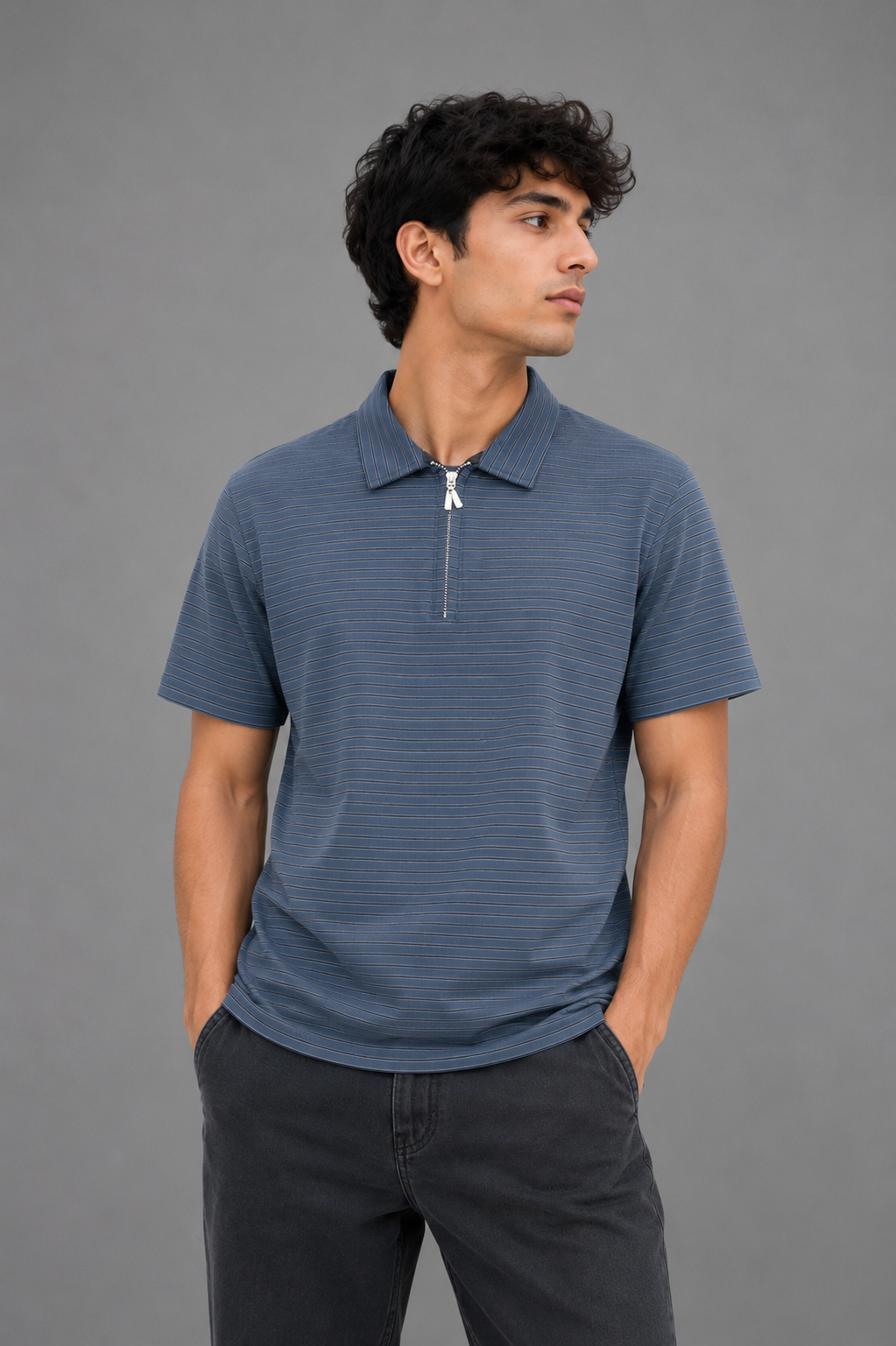 Half Zipper Striped Polo | Regular Fit Men's Polo