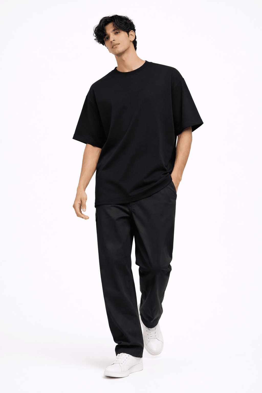 Jet Black Oversized Crew Neck Tee | Premium Cotton Unisex - Vibe Z9