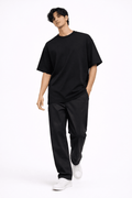Jet Black Oversized Crew Neck Tee | Premium Cotton Unisex - Vibe Z9
