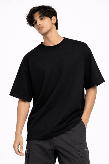 Jet Black Oversized Crew Neck Tee | Premium Cotton Unisex - Vibe Z9