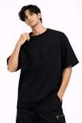 Jet Black Oversized Crew Neck Tee | Premium Cotton Unisex - Vibe Z9