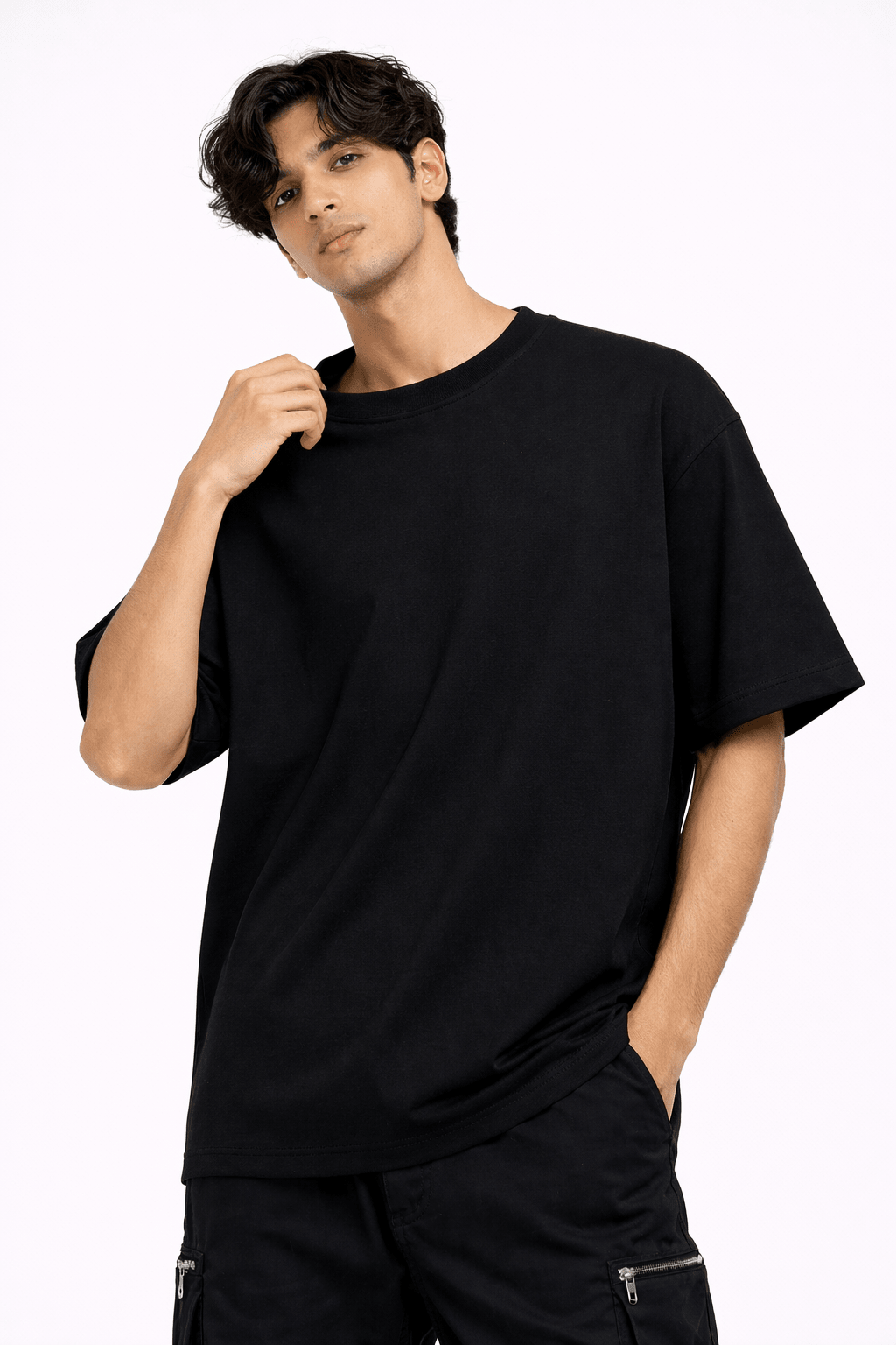 Jet Black Oversized Crew Neck Tee | Premium Cotton Unisex - Vibe Z9