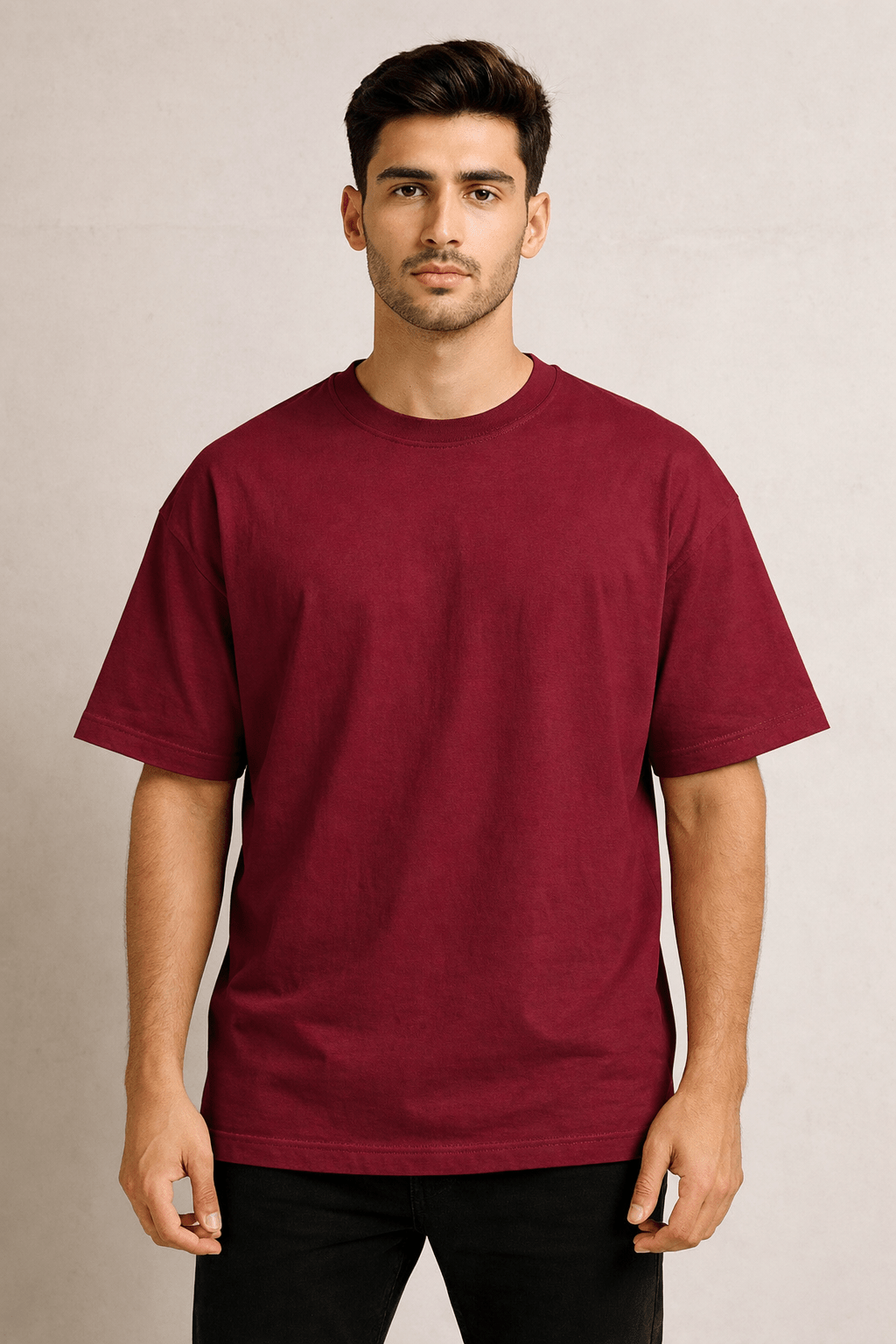 Maroon Oversized Crew Neck Tee | Premium Cotton Unisex - Vibe Z9