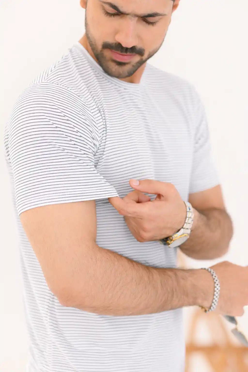 Micro-Stripe Crew Neck T-Shirt – Premium Imported Stretch Fabric - Vibe Z9