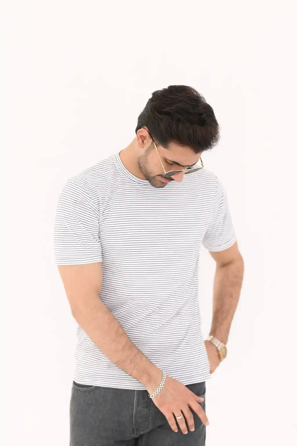 Micro-Stripe Crew Neck T-Shirt – Premium Imported Stretch Fabric - Vibe Z9