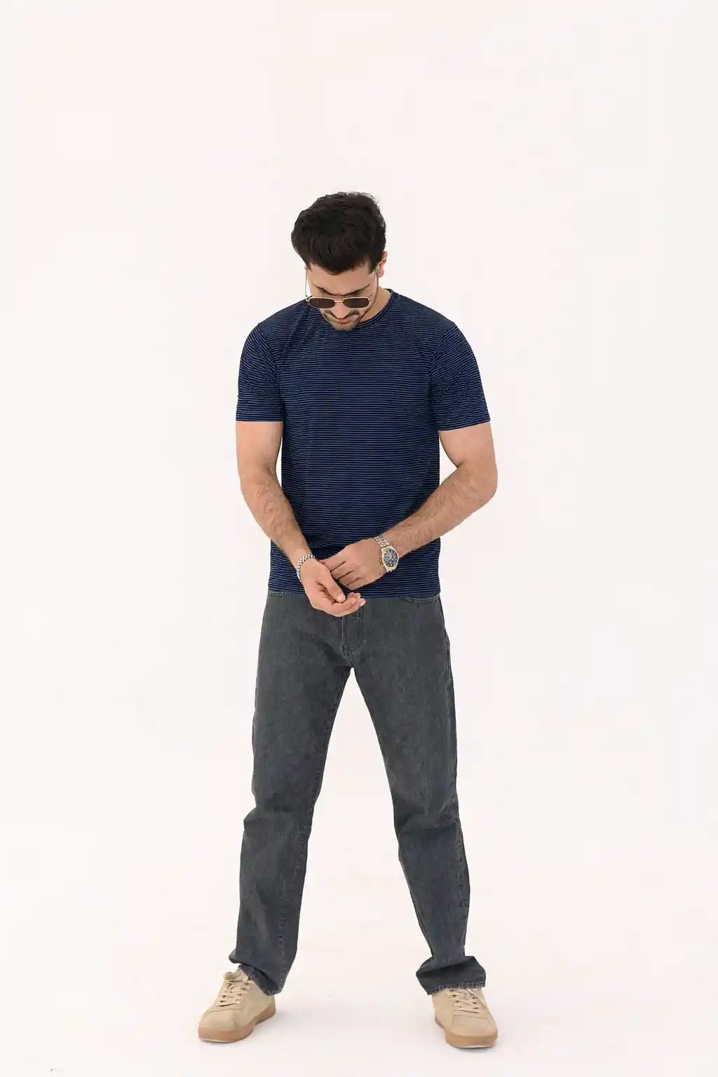 Micro-Stripe Crew Neck T-Shirt – Premium Imported Stretch Fabric - Vibe Z9