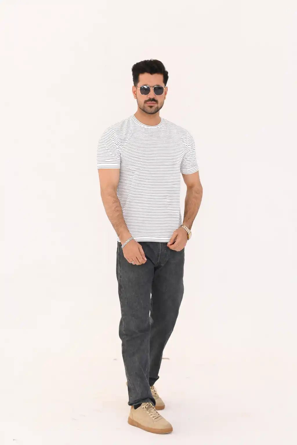 Micro-Stripe Crew Neck T-Shirt – Premium Imported Stretch Fabric - Vibe Z9