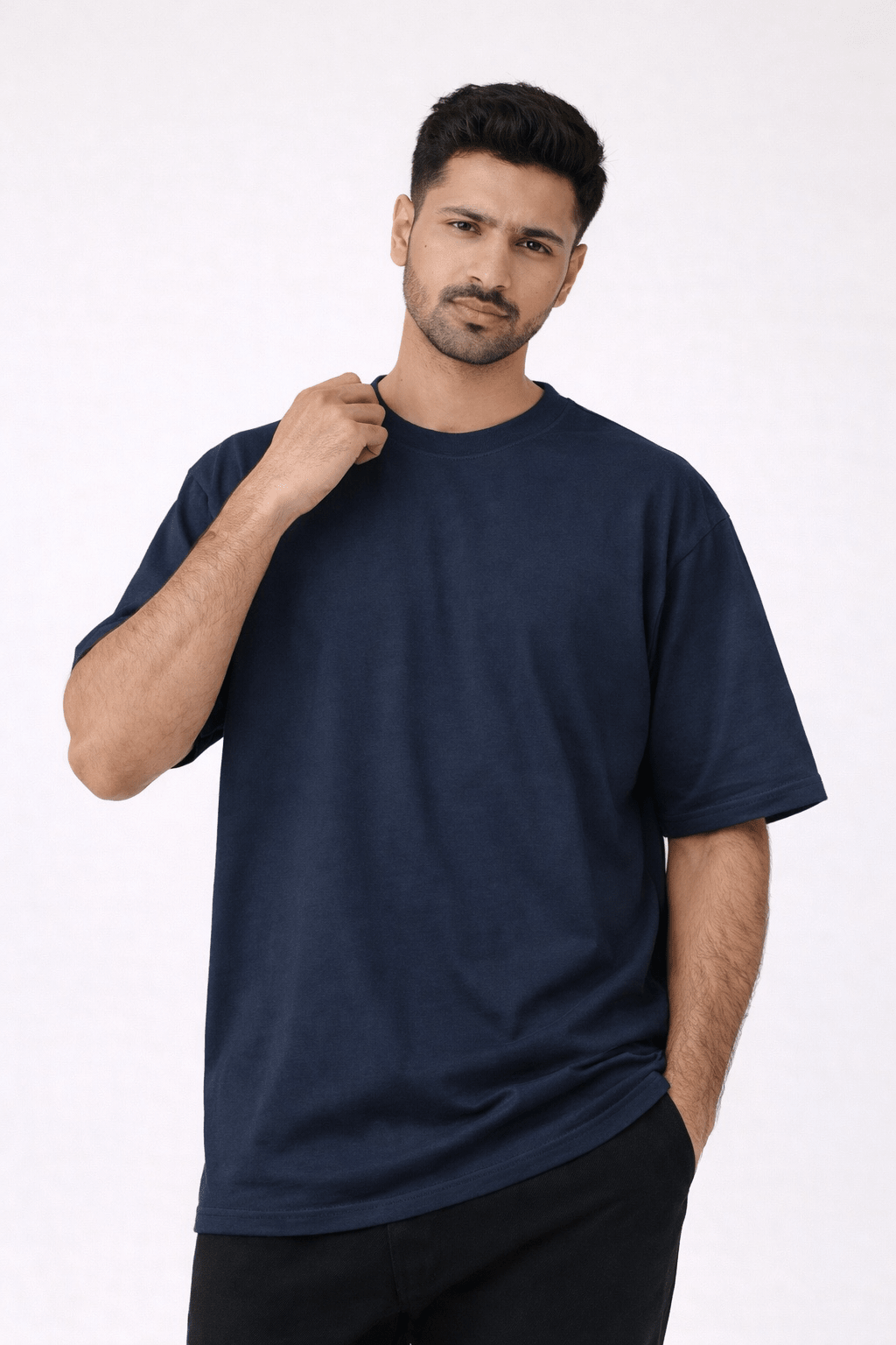 Navy Blue Oversized Crew Neck Tee | Premium Cotton Unisex - Vibe Z9