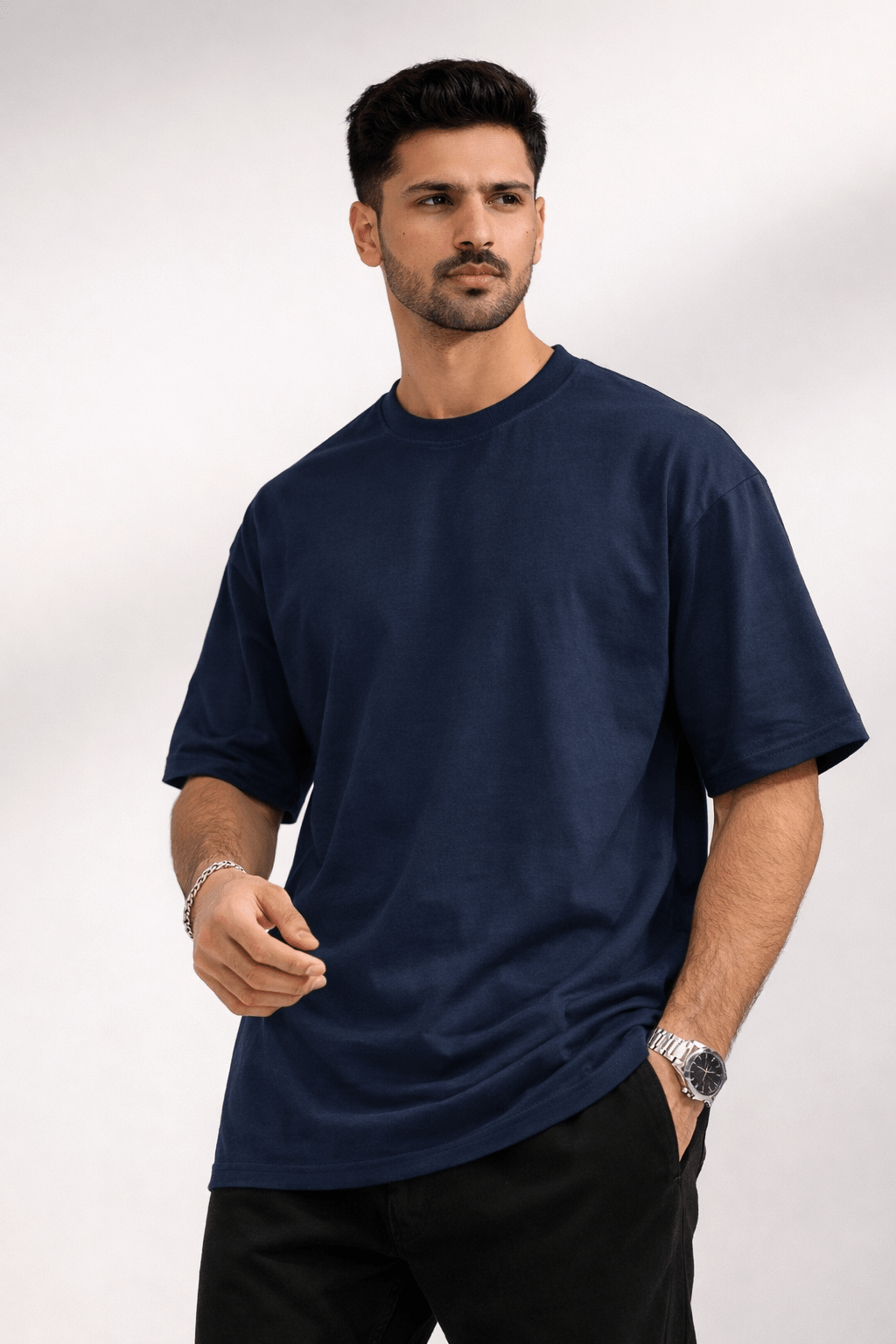 Navy Blue Oversized Crew Neck Tee | Premium Cotton Unisex - Vibe Z9