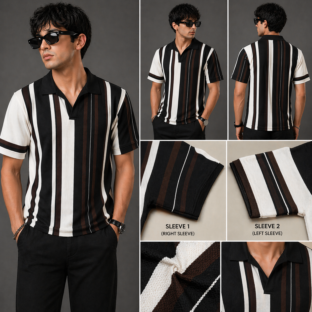 Man wearing a black and white striped shirt with different sleeve options displayed.