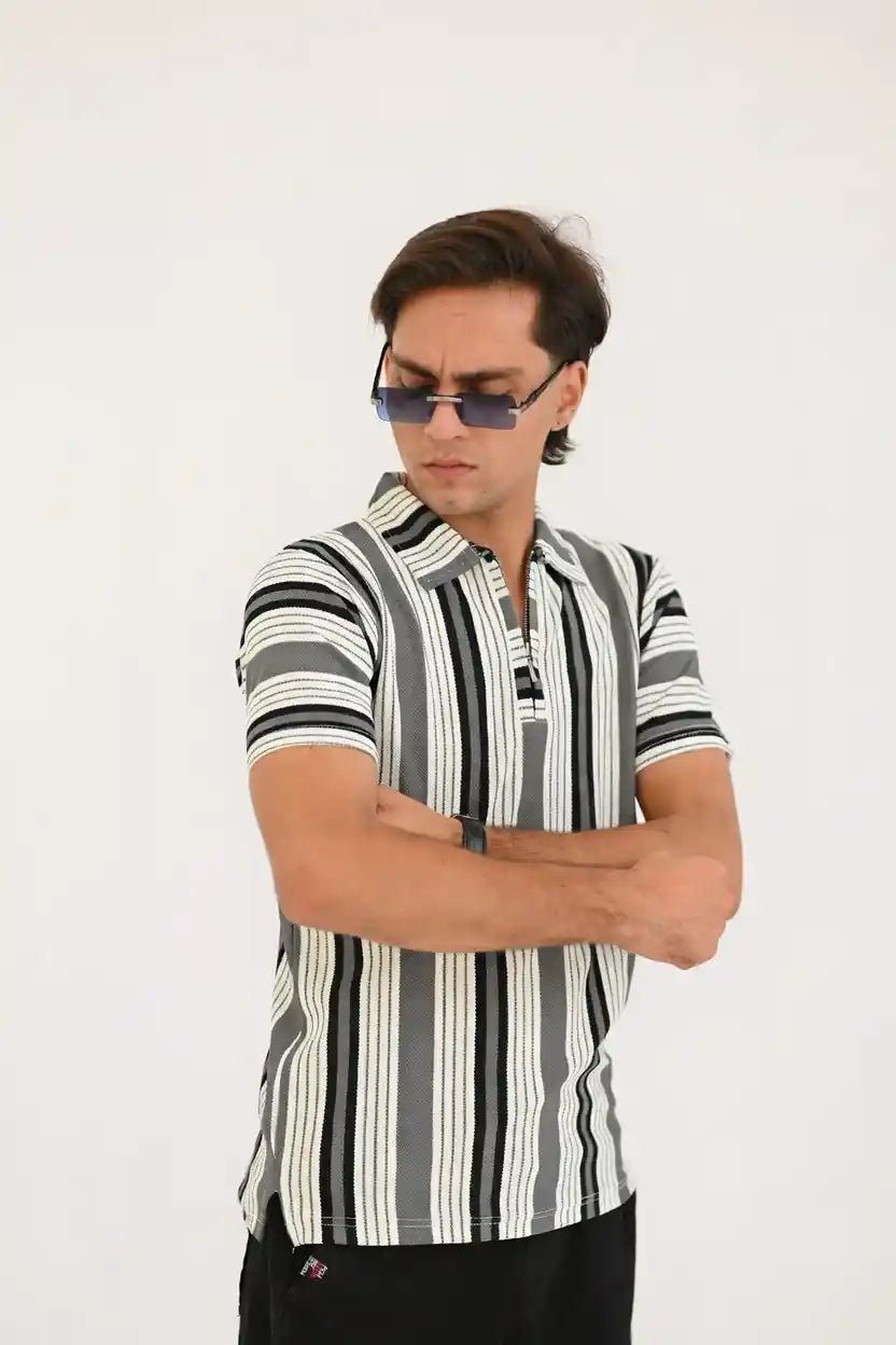 Old Money Zipper Polo Shirt for unisex – Premium Striped Casual - Vibe Z9