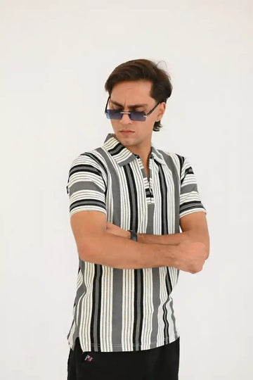Old Money Zipper Polo Shirt for unisex – Premium Striped Casual - Vibe Z9