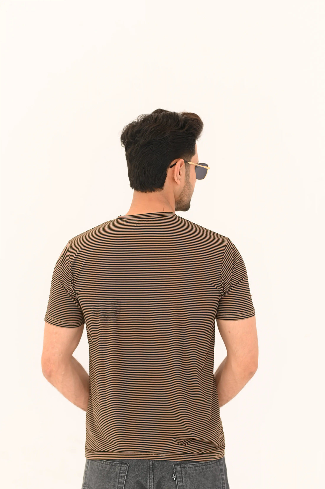 Unisex Brown & Black Micro-Stripe Crew Neck T-Shirt – Premium Imported Stretch Fabric