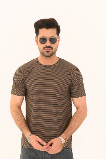 Unisex Brown & Black Micro-Stripe Crew Neck T-Shirt – Premium Imported Stretch Fabric