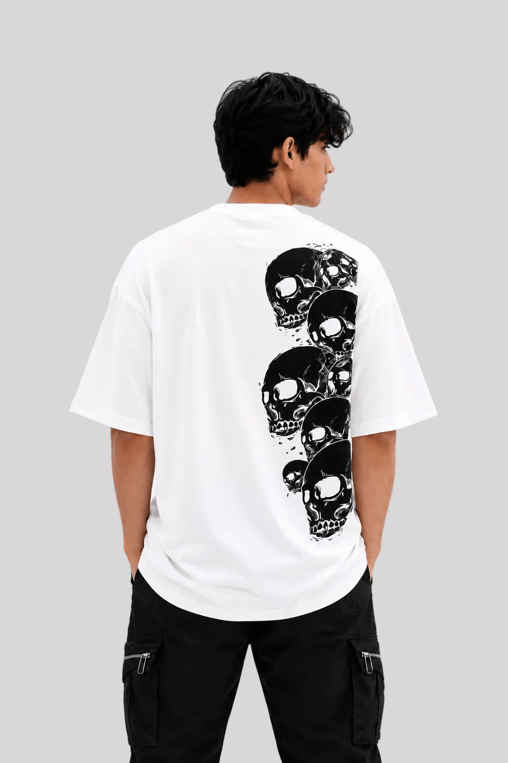 Oversized Skull Graphic Tee - Vertical Skull Stack Print - Vibe Z9