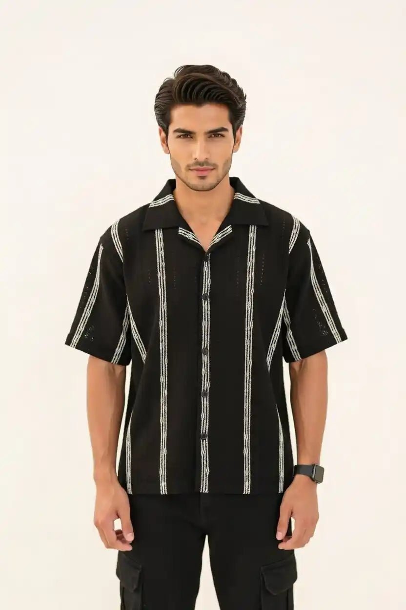 Oversized Textured Johnny Collar Open Shirt - Vibe Z9